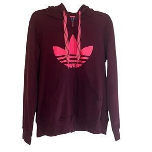 Adidas Women's Burgundy Hoodie with Neon Pink Logo, Large